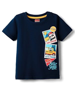 Babyhug Cotton Knit Half Sleeves T-Shirt with Panda Print & Patch Detailing - Navy Blue