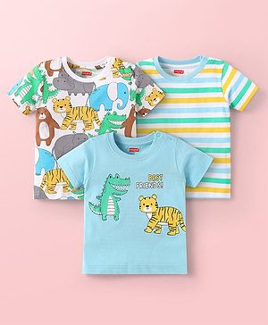 Babyhug Cotton Knit Half Sleeves T-Shirts with Animal Print & Stripes Pack of 3 - Light Blue & White