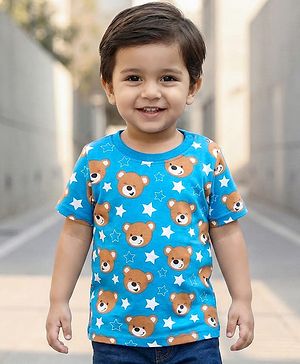 Babyhug Cotton Knit Half Sleeves T-Shirt with Bear Print - Blue