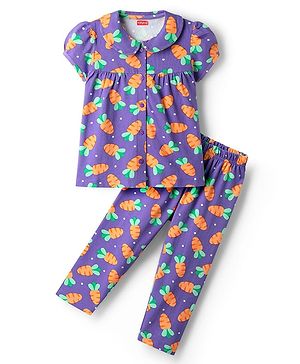 Babyhug Cotton Knit Half Sleeves Front Open Co-ords Night Suit with Carrot Print - Violet