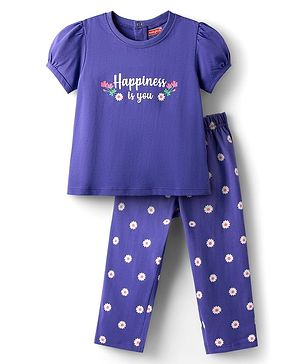Babyhug Cotton Knit Puffed Sleeves Night Suit with Happiness Is You Text Print - Voilet