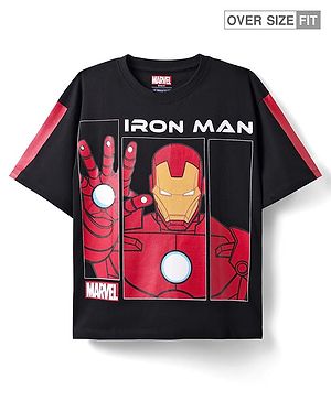 Pine Kids Marvel Single Jersey Knit Half Drop Shoulder Sleeves Oversized T-Shirt with Iron Man Graphics - Black