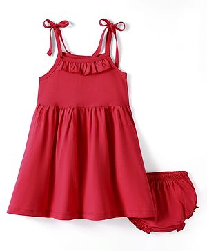 Babyhug Single Jersey Knit Solid Colour Sleeveless Frock With Bloomers - Red