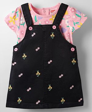 Babyhug Denim Woven Frock & Half Sleeves Inner Tee With Floral Print & Embroidery - Black & Pink