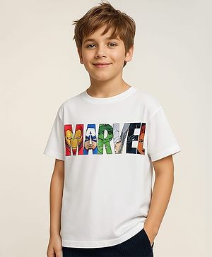 Pine Kids Marvel Single Jersey Knit Half Drop Shoulder Sleeves Oversized T-Shirt with Avengers Graphics - White
