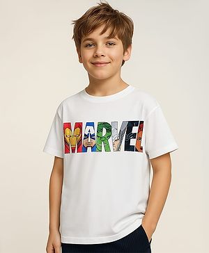 Pine Kids Marvel Single Jersey Knit Half Drop Shoulder Sleeves Oversized T-Shirt with Avengers Graphics - White