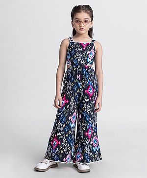 Taffykids Sleeveless Abstract Printed Jumpsuit - Black & Multi Colour