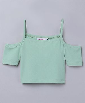 Taffykids Rib Half Sleeves Cold Shoulder Solid Crop Top - Green