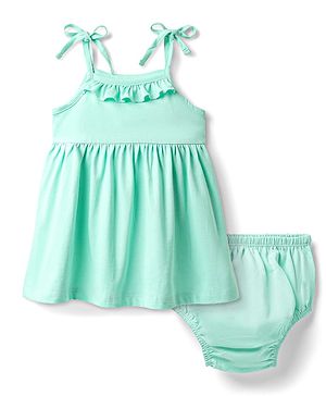 Babyhug Single Jersey Knit Sleeveless Solid Color Frock & Bloomer with Frill Detailing  -  Light  Green