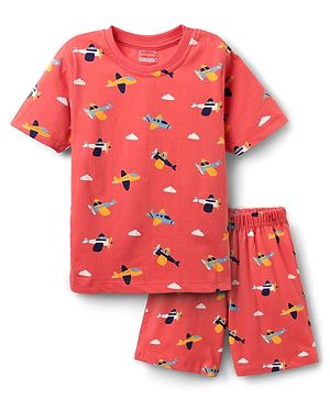 Babyhug Cotton Knit Half Sleeves Co-ords Short Night Suit With Aeroplane Print - Red