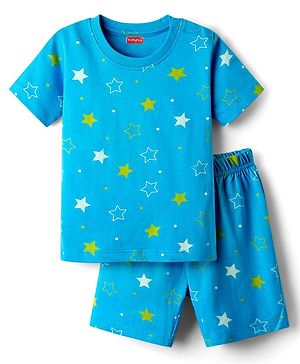 Babyhug Cotton Knit Half Sleeves Short Co-Ord Night Suit with Star Print - Blue