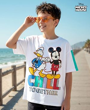 Pine Kids Disney Single Jersey Knit Half Drop Shoulder Sleeves Oversized T-Shirt with Mickey & Friends Graphics - White