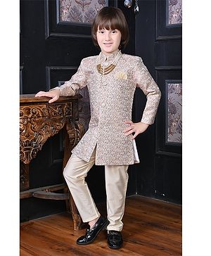 Ahhaaaa Jacquard Full Sleeves Floral Foil Printed Indo Western Sherwani & Pant Set - Beige