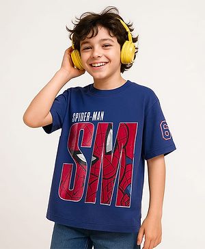 Pine Kids Marvel Single Jersey Knit Half Drop Shoulder Sleeves Oversized T-Shirt with Spider Man Graphics - Navy Blue
