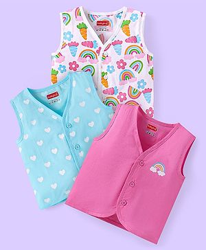 Babyhug 100% Cambric Woven Sleeveless Front Open Jhabla with Heart & Rainbow Print  Pack of 3 - Pink Blue & White