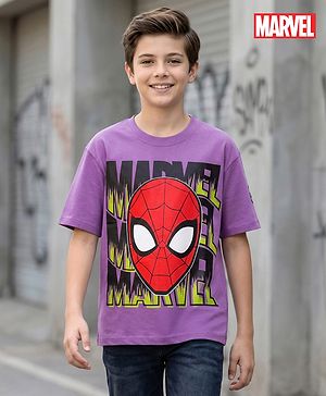 Pine Kids Marvel Single Jersey Knit Half Drop Shoulder Sleeves Oversized T-Shirt with Spider Man Graphics & Badge Detailing - Lavender