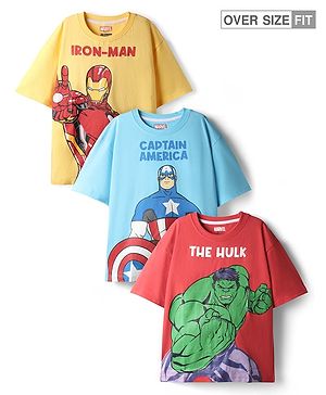 Pine Kids Marvel Single Jersey Knit Drop Shoulder Half Sleeves Oversize T-Shirt with Avengers Graphics Pack Of 3 - Red Light Blue & Yellow