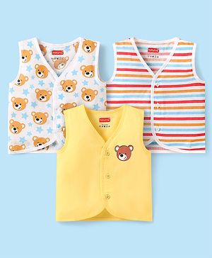 Babyhug Cambric Woven Sleeveless Jhablas With Striped & Bear Print Pack Of 3 - Yellow Red & White