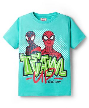 Pine Kids Marvel Single Jersey Knit Half Drop Shoulder Sleeves Oversized T-Shirt with Spider Man Graphics - Aqua Blue
