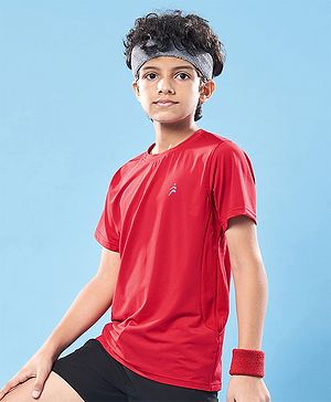 Pine Active Knit Half Sleeves High Stretch Skin Friendly Cut & Sew Solid Color T-Shirt - Red