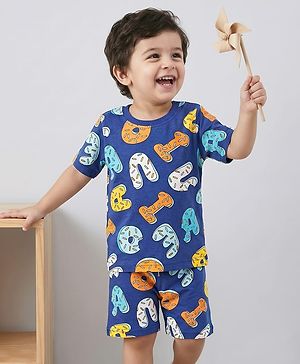 Babyhug Cotton Knit Half Sleeves Shorts Co-ords Night Suit with Text Print - Navy Blue