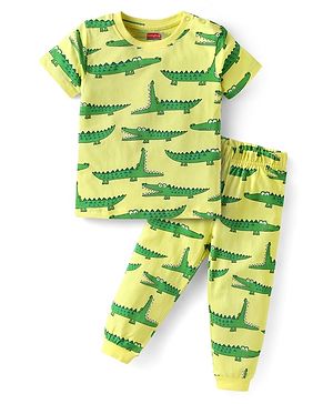 Babyhug Cotton Knit Half Sleeves Co-ords Night Suit  with Dino Print -Limegreen