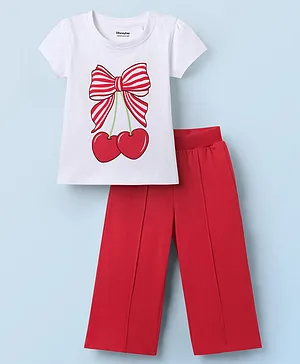 Honeyhap Premium Cotton Jersey Knit
                              Half Sleeves Top & Trouser Set With
                              Bow & Cherry Print - Bright White
                              & High Risk Red