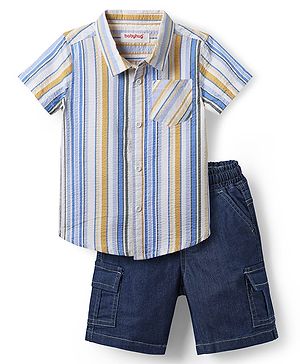 Babyhug Cotton Knit Half Sleeves Shirts & Short Set with Stripes - Navy Blue