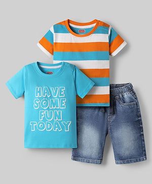 Babyhug Single Jersey Woven Half Sleeves Striped & Printed T-Shirts & Denim Shorts Set - Multicolor