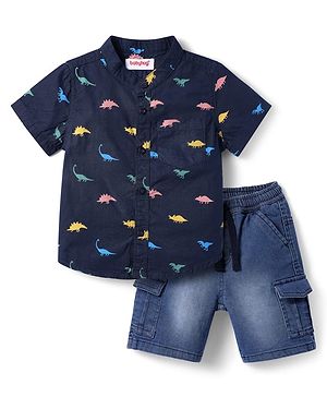 Babyhug Cotton Knit Half Sleeves Shirt & Denim Shorts Set with Dino Print - Navy Blue