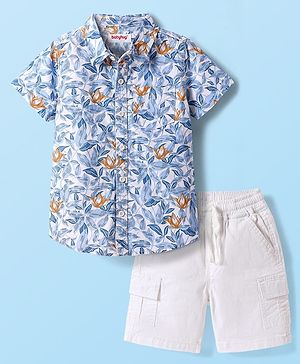 Babyhug Cotton Woven Half Sleeves Shirt & Shorts Set With Floral Print - White