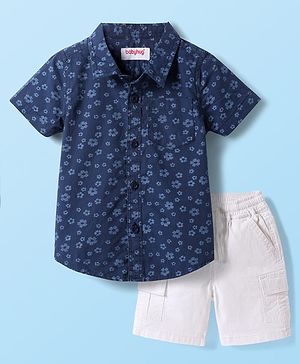 Babyhug Cotton Knit Half Sleeves Shirt & Shorts with Floral Print - Navy Blue & Beige