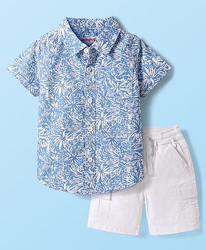 Babyhug Cotton Woven Half Sleeves Shirt & Shorts Set with Leaves Print - Blue & White