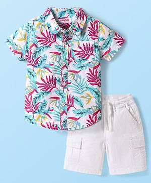 Babyhug Cotton Woven Half Sleeves Shirt & Shorts Set With Leaf Print - White