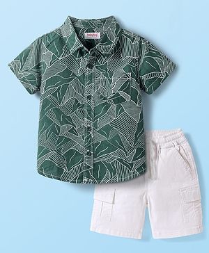 Babyhug Cotton Woven Half Sleeves Shirt & Shorts Set With Leaf Print - Green & White