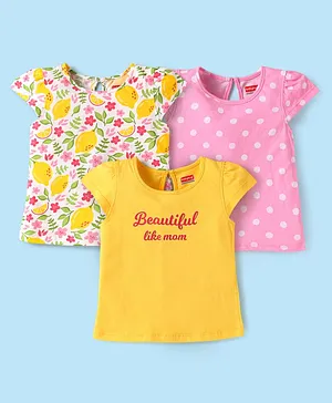 Babyhug Cotton Knit Cap Sleeves
                              T-Shirts with Floral Polka Dots & Text
                              Print Pack of 3 - Yellow Pink & White
