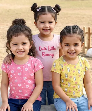 Babyhug Cotton Knit Cap Sleeves
                              T-Shirts with Floral Bunny & Text
                              Print Pack of 3 - Yellow & Pink
