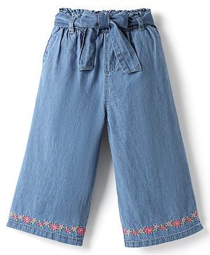 Babyhug Cotton Denim Ankle Length Culottes With Floral Embroidery - Blue