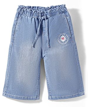 Babyhug Ankle Length Washed Denim Culottes With Floral Embroidered - Blue