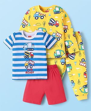 Babyhug Cotton Knit Half & Full Sleeves Night Suits with Vehicle Print & Stripes - Yellow White & Red