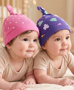 Babyhug 100% Cotton Knit Caps with Polka Dots & Butterfly Print Pack of 2 - Pink & Lilac
