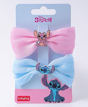 Babyhug Disney Bow Shaped Hair Pins & Clips with Stitch Applique Pack of 2 - Blue & Pink