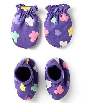 Babyhug 100% Cotton Interlock Knit Mittens & Booties With Butterfly Print - Purple