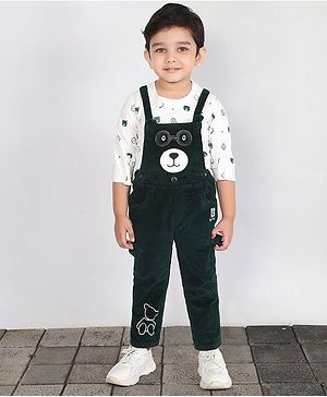 BAD BOYS Cotton Bear Designed Dungaree With Three Fourth Sleeves Tee Set - Olive Green