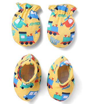 Babyhug 100% Cotton Knit Mittens & Booties Set with Vehicle Print - Yellow