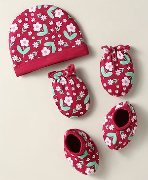 Babyhug 100% Cotton Cap Mittens And Booties Floral Printed Maroon - Diameter 12 cm