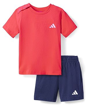 ADIDAS KIDS Cotton Knit Half Sleeves T-Shirt & Shorts Set with Brand Logo Print - Red & Navy Blue