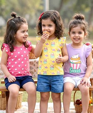 Babyhug Cotton Knit Frill Sleeves T-Shirts with Cup Cake & Heart Print Pack Of 3 - Mauve Yellow & Pink