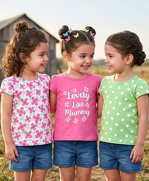 Babyhug Cotton Knit Half Sleeves T-Shirts With Polka Dot & Floral Print Pack Of 3 - Pink & Light Green