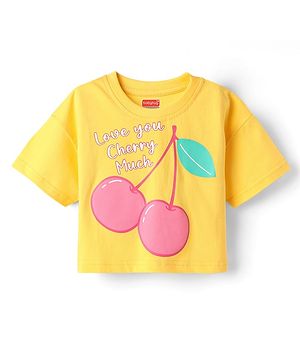Babyhug Cotton Knit Half Sleeves Drop Shoulder T-Shirt with Love You Cherry Much Text Print - Yellow